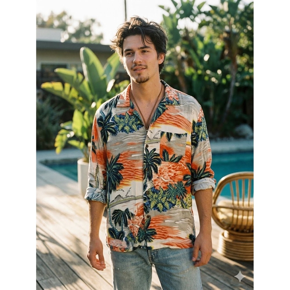 Vintage 90s Rayon Pineapple Connection Mens Tropical Sunset Palm Tree Hawaiian M